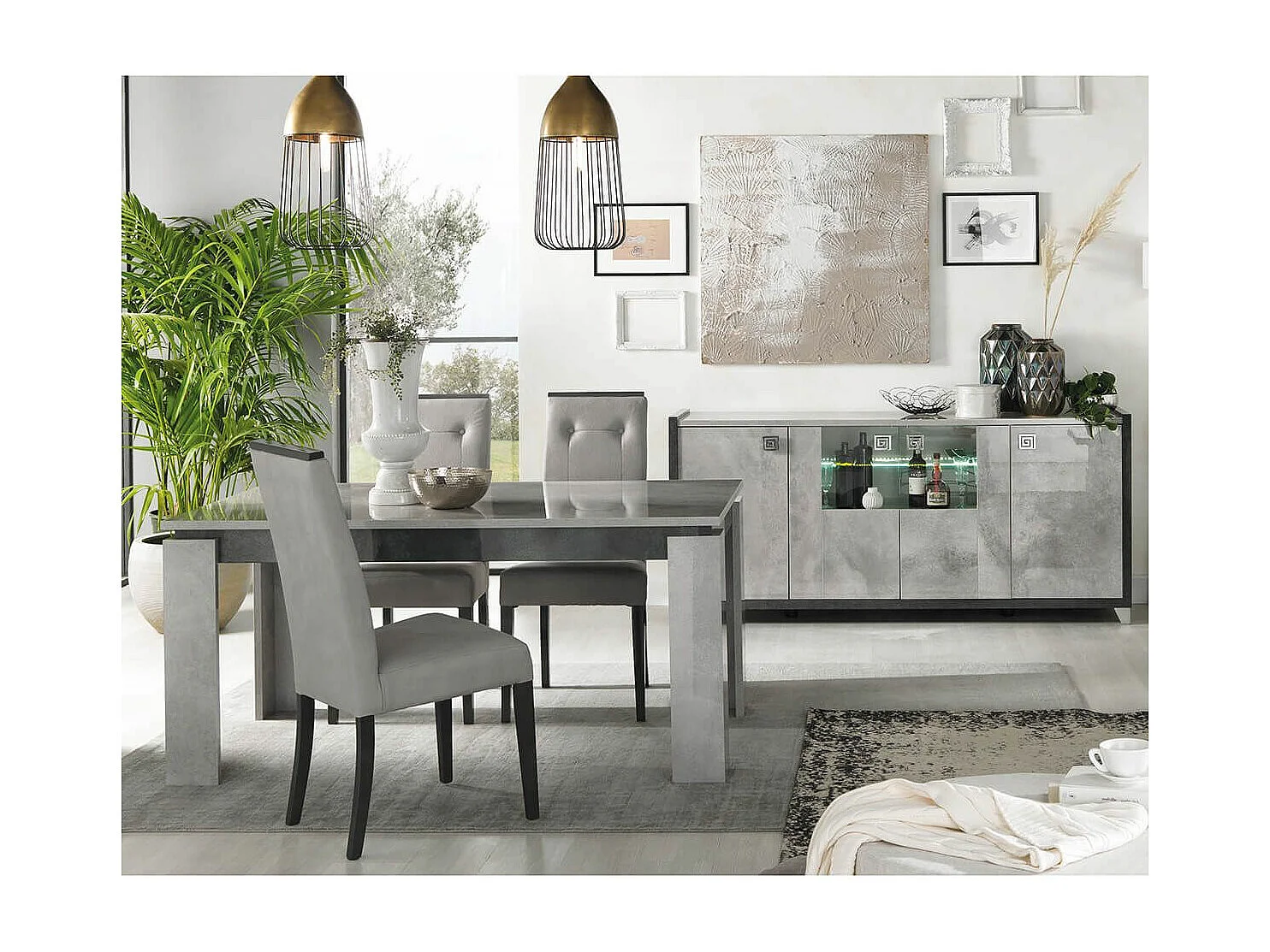 HOFFMAN - Table de Repas Allongeable à Pied Central Gris Aspect Pierre