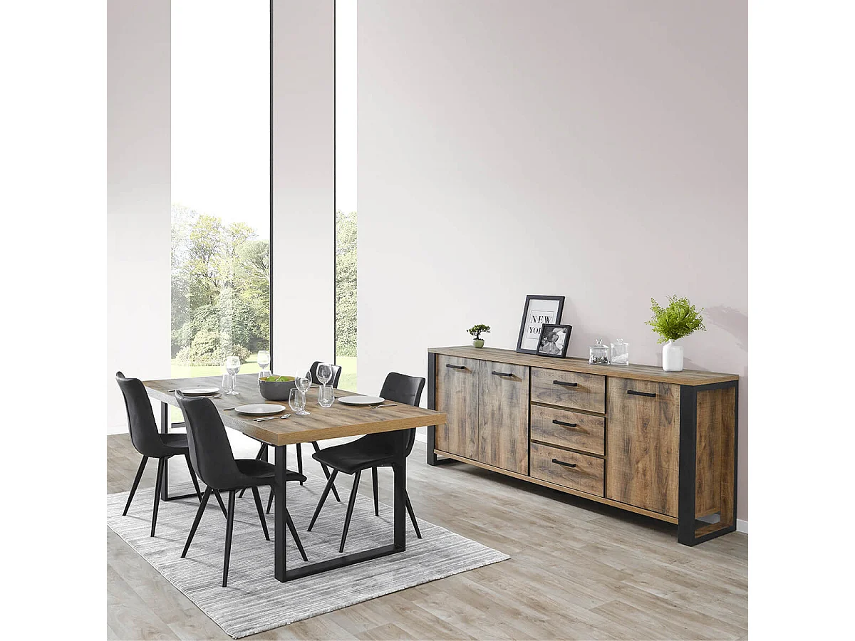 KORA - Table 200cm Aspect Bois Piètement U Métal Poudré Noir