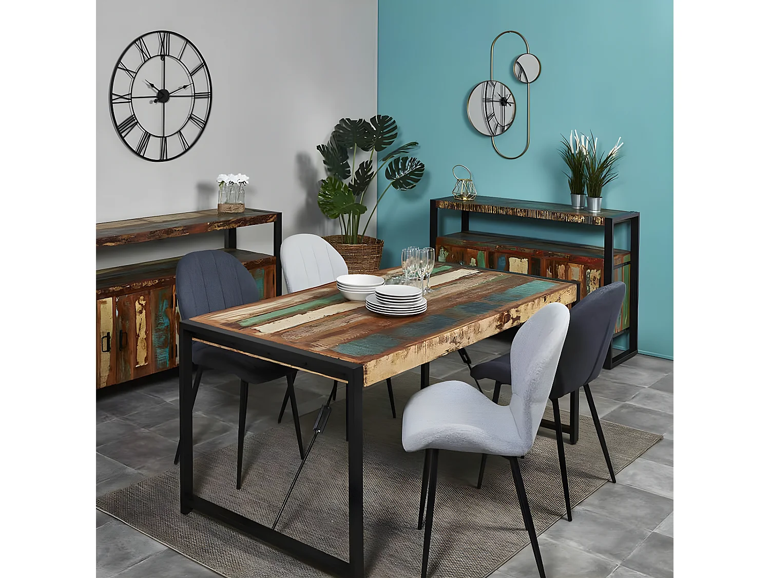 KALI - Table Repas 180cm Bois Recyclé et Pieds Métal Noir