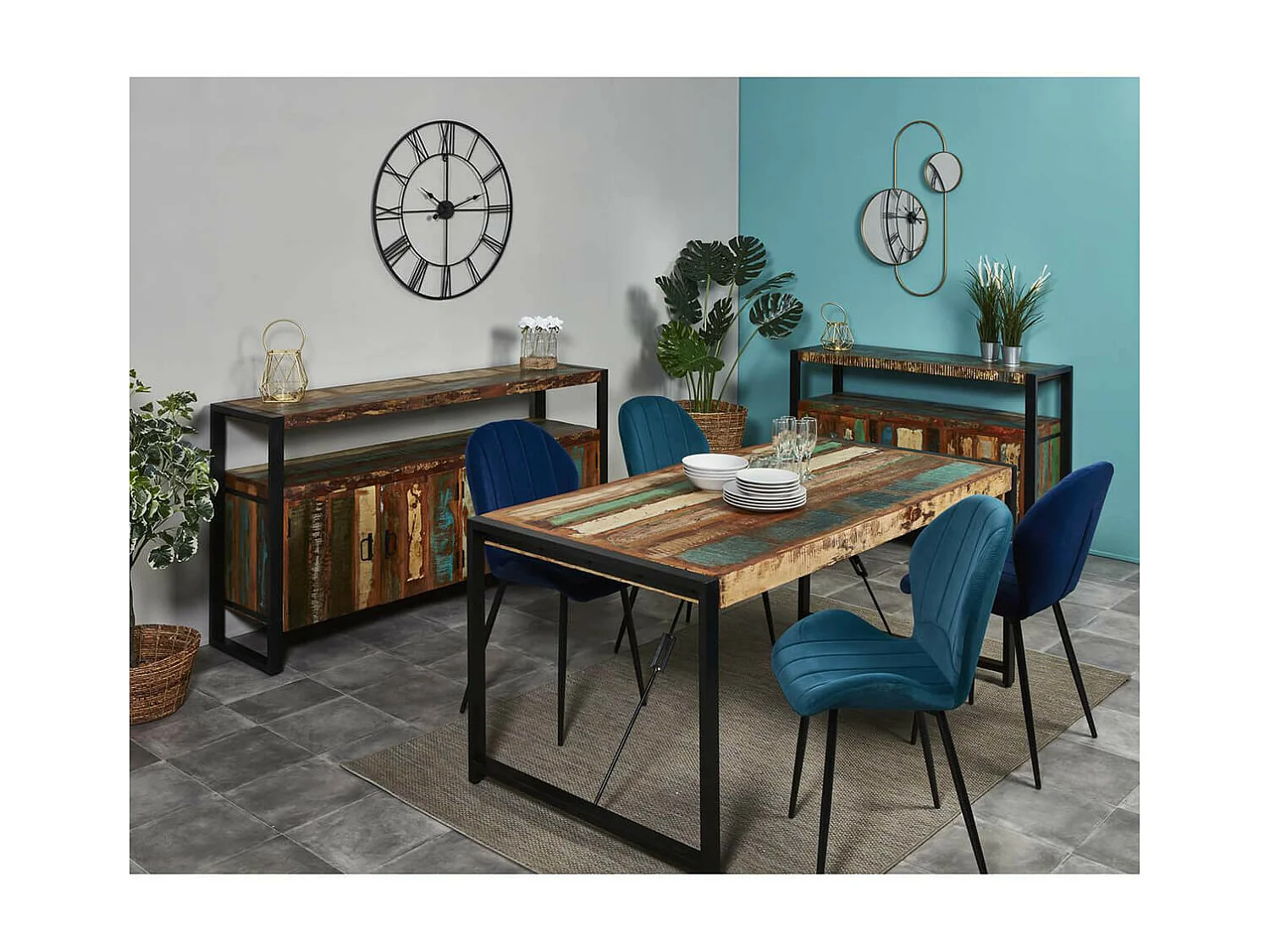 KALI - Table Repas 180cm Bois Recyclé et Pieds Métal Noir