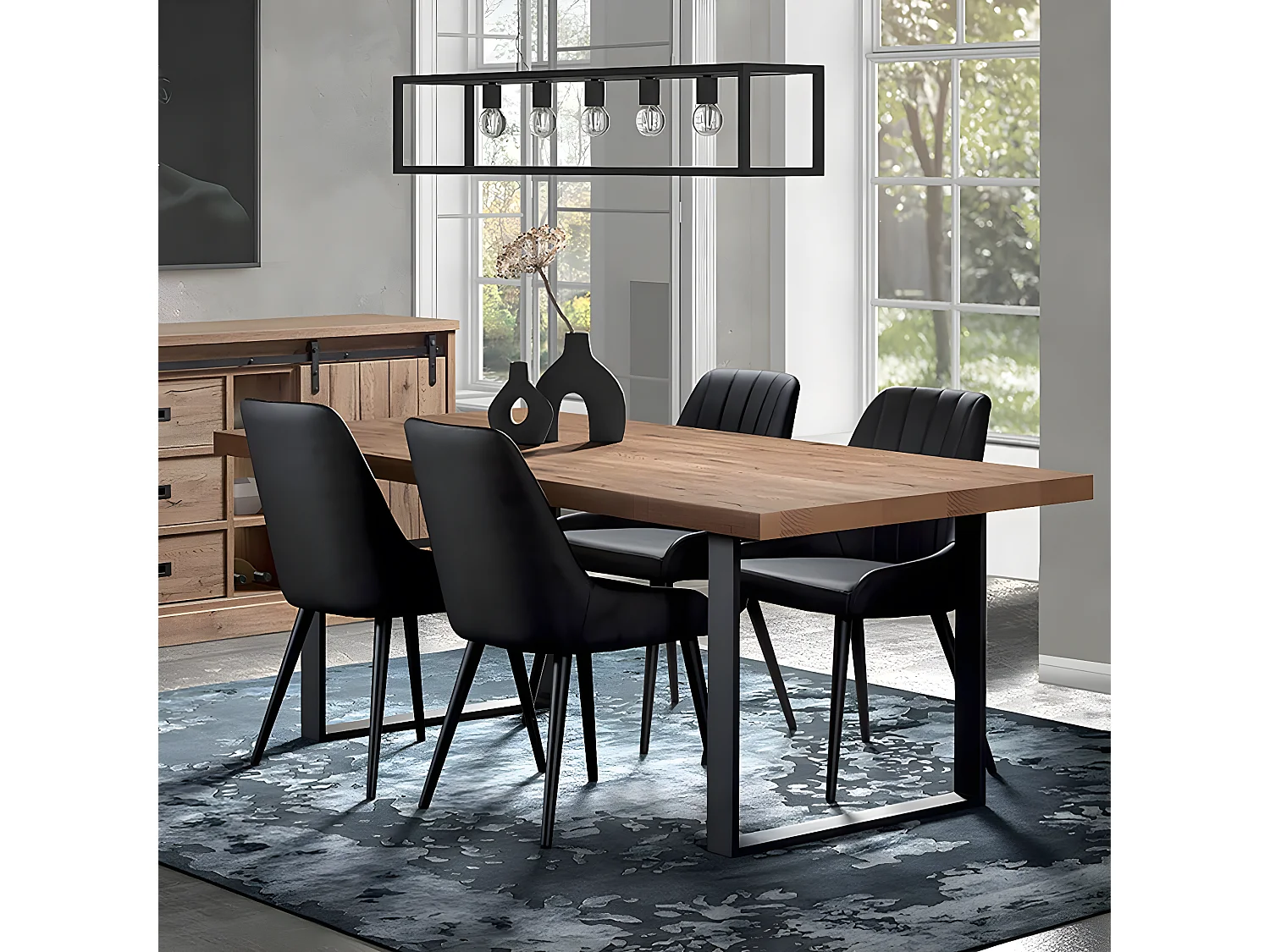CEDRA - Table 170cm Aspect Bois Piètement U Métal Poudré Noir