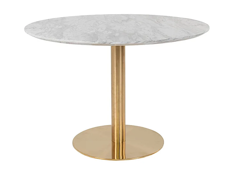 TYROL - Table Repas Ø110cm Plateau MDF Aspect Marbré et Pied Métal Doré