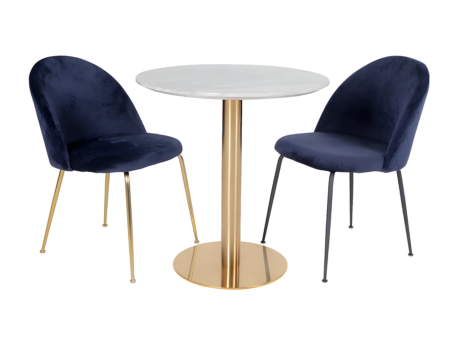 TYROL - Table Repas Ø110cm Plateau MDF Aspect Marbré et Pied Métal Doré