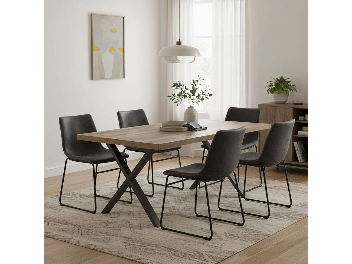 KORA - Table 230cm Aspect Bois Piètement X Métal Poudré Noir
