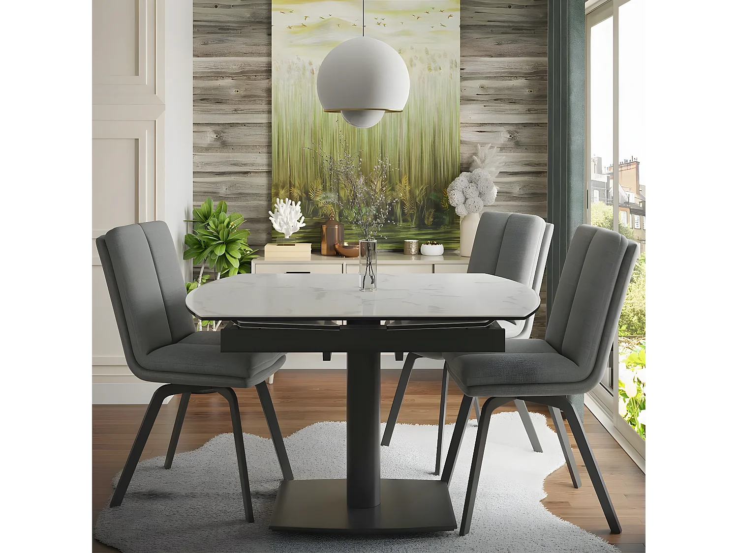 PIKAM - Table de Repas Allongeable Céramique Marbre Blanc