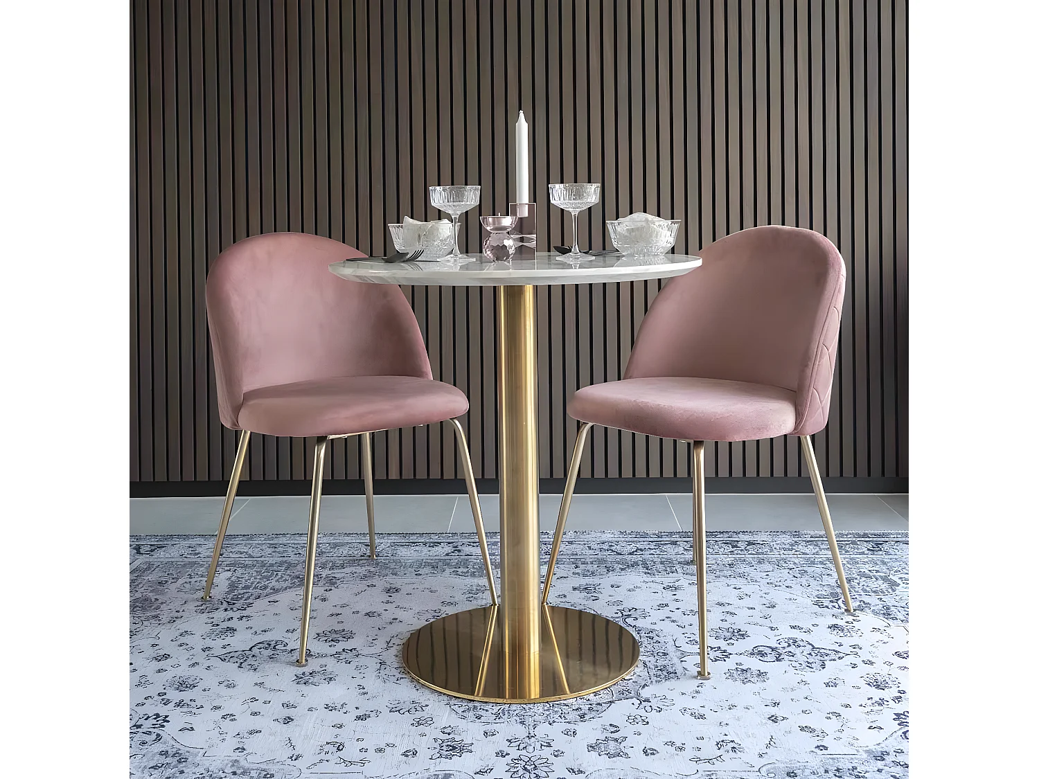 TYROL - Table Repas Ø70cm Plateau MDF Aspect Marbré et Pied Métal Doré