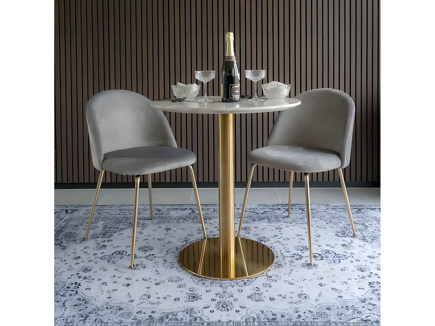 TYROL - Table Repas Ø70cm Plateau MDF Aspect Marbré et Pied Métal Doré