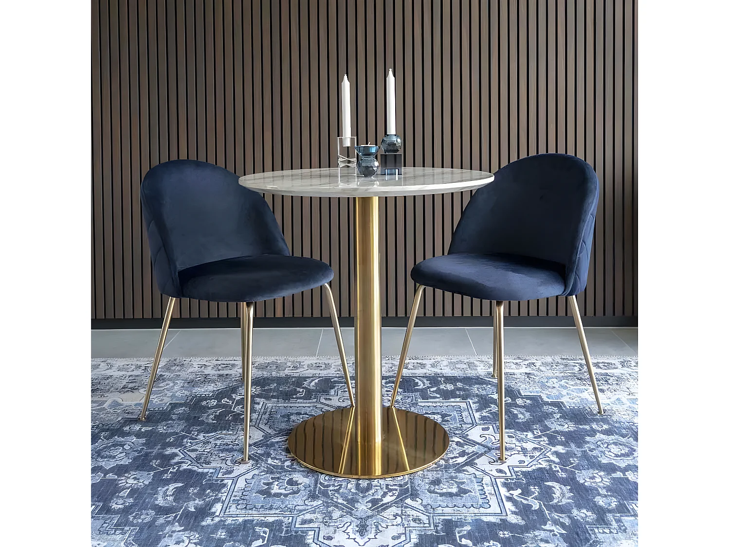 TYROL - Table Repas Ø70cm Plateau MDF Aspect Marbré et Pied Métal Doré