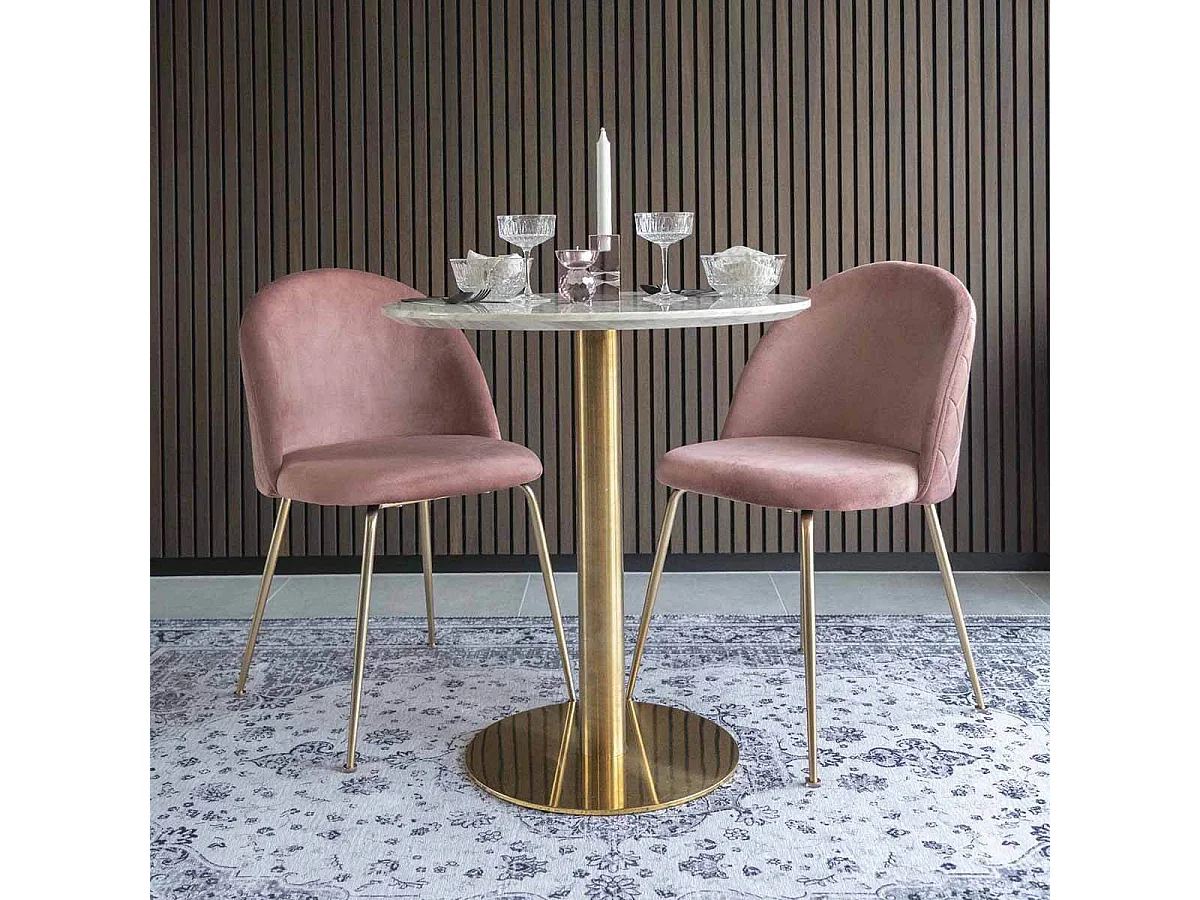 TYROL - Table Repas Ø70cm Plateau MDF Aspect Marbré et Pied Métal Doré