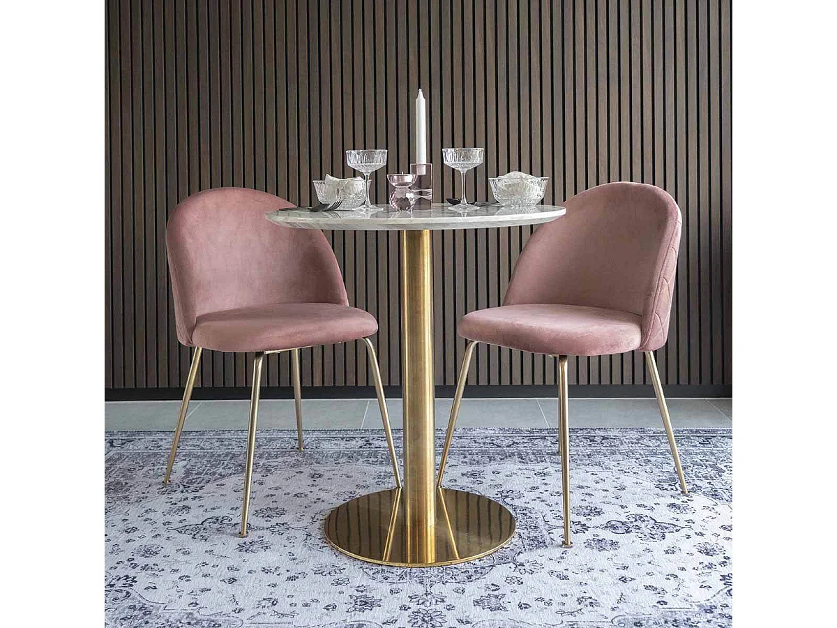 TYROL - Table Repas Ø70cm Plateau MDF Aspect Marbré et Pied Métal Doré