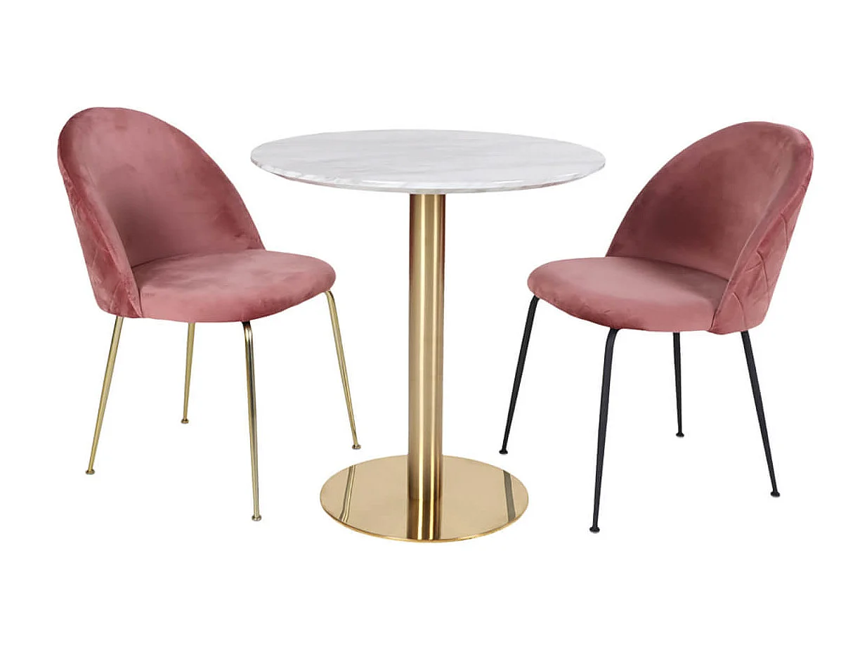 TYROL - Table Repas Ø70cm Plateau MDF Aspect Marbré et Pied Métal Doré