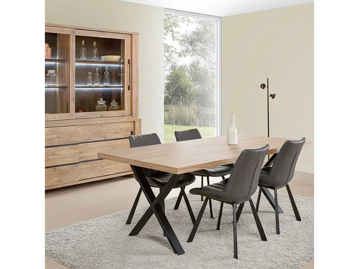 NILLA - Table 200cm Aspect Bois Piètement X Métal Poudré Noir