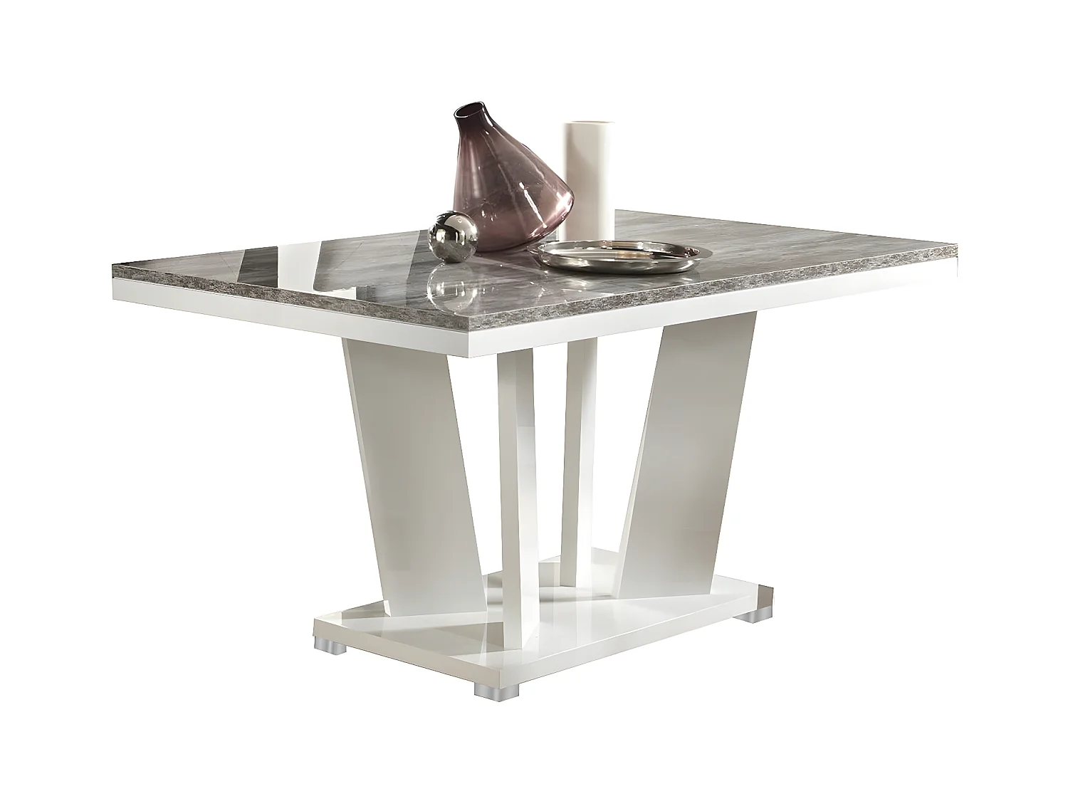 DENYS - Table Repas Rectangulaire Laqué Blanc et Effet Bois Taupe