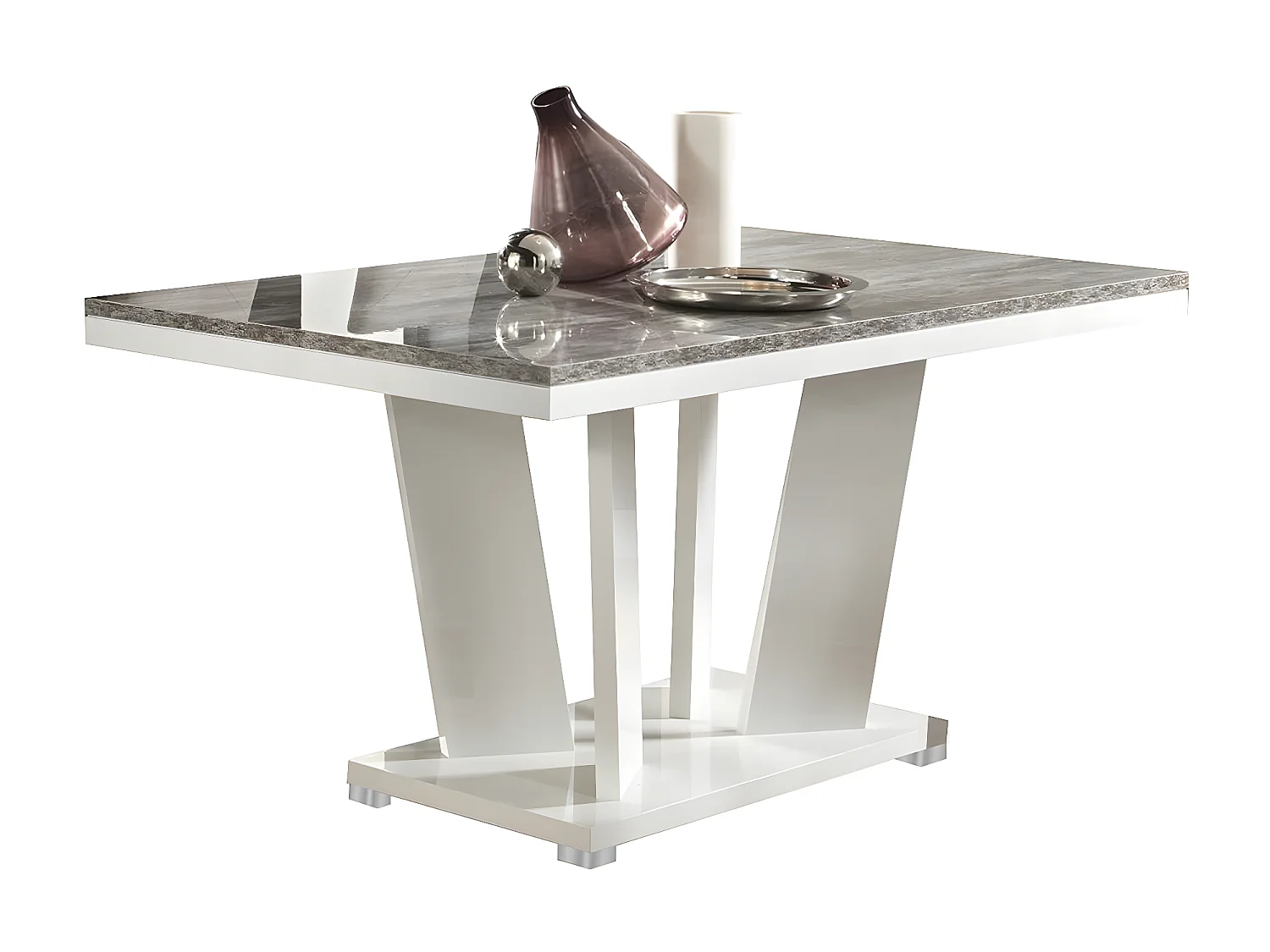 DENYS - Table Repas Rectangulaire Laqué Blanc et Effet Bois Taupe