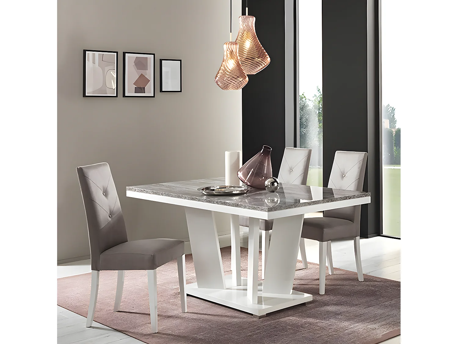 DENYS - Table Repas Rectangulaire Laqué Blanc et Effet Bois Taupe