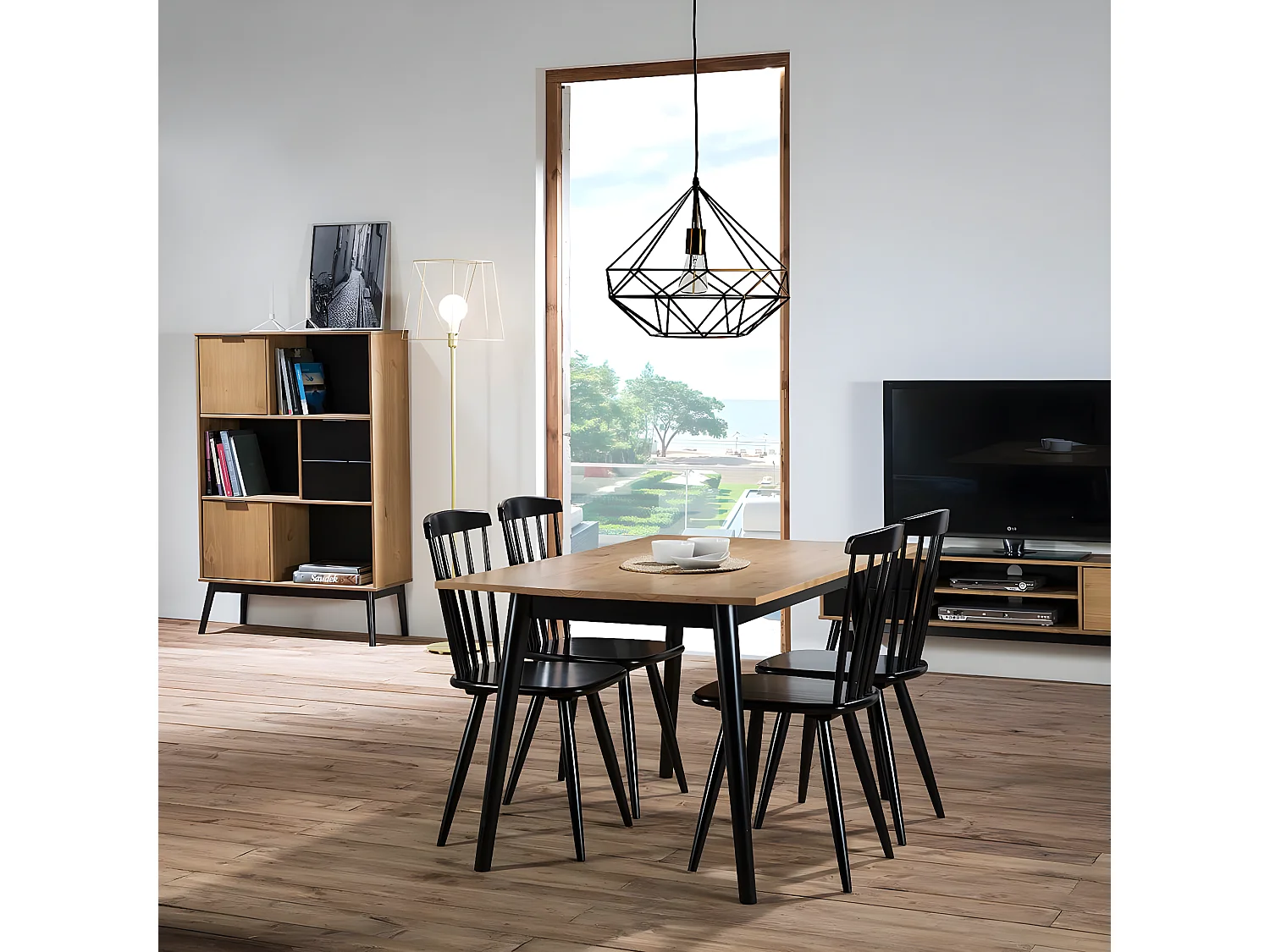 PASCALE - Table Repas 150cm Bois Massif Naturel et Noir