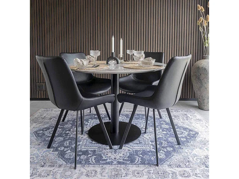 TYROL - Table Repas Ø110cm Plateau MDF Aspect Marbré et Pied Métal Noir