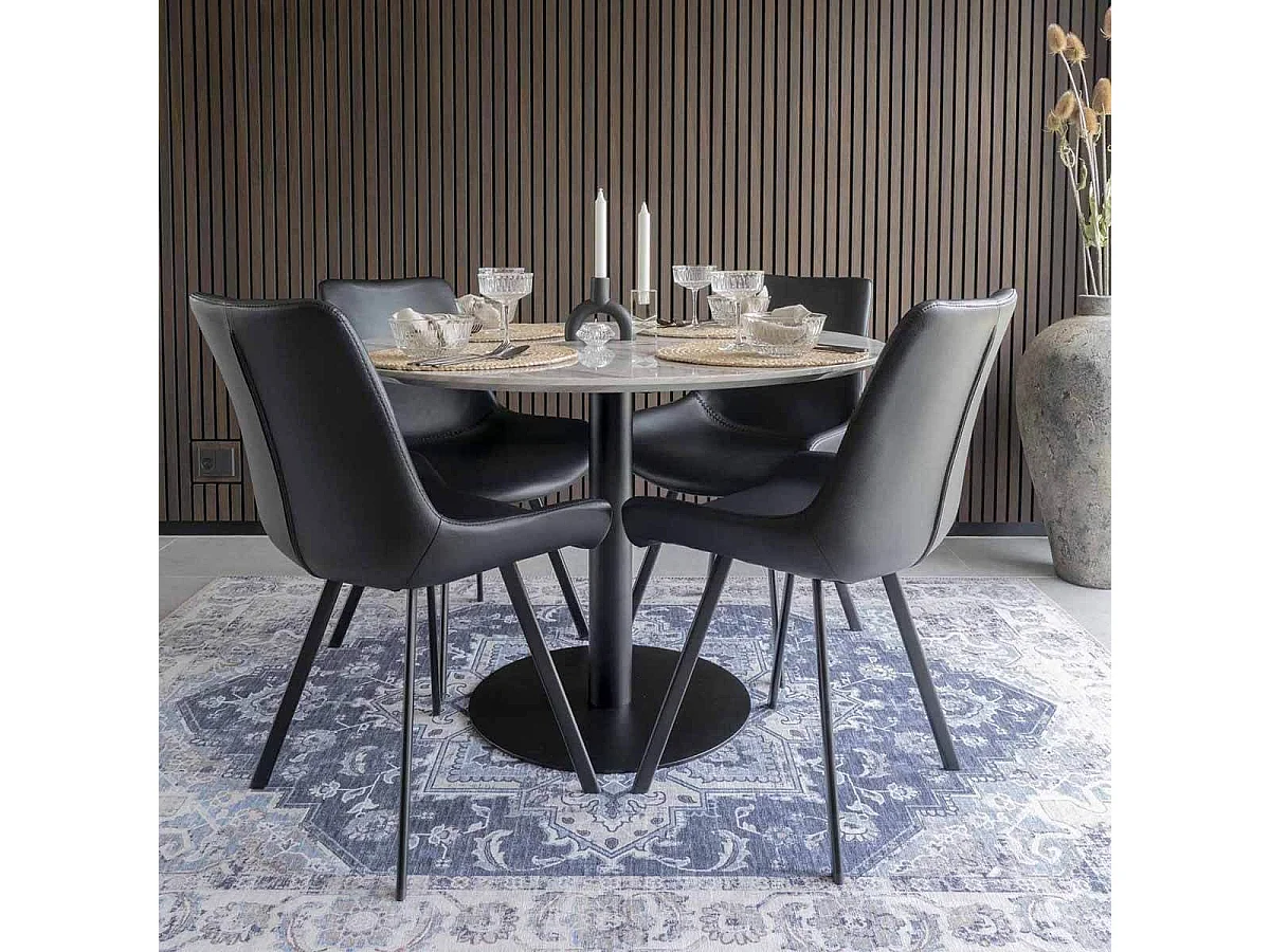 TYROL - Table Repas Ø110cm Plateau MDF Aspect Marbré et Pied Métal Noir