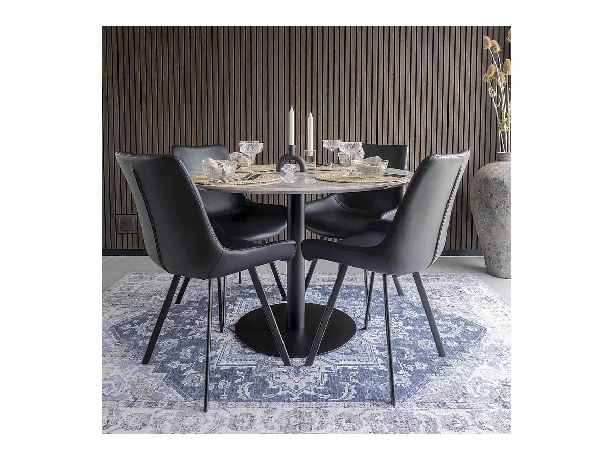 TYROL - Table Repas Ø110cm Plateau MDF Aspect Marbré et Pied Métal Noir