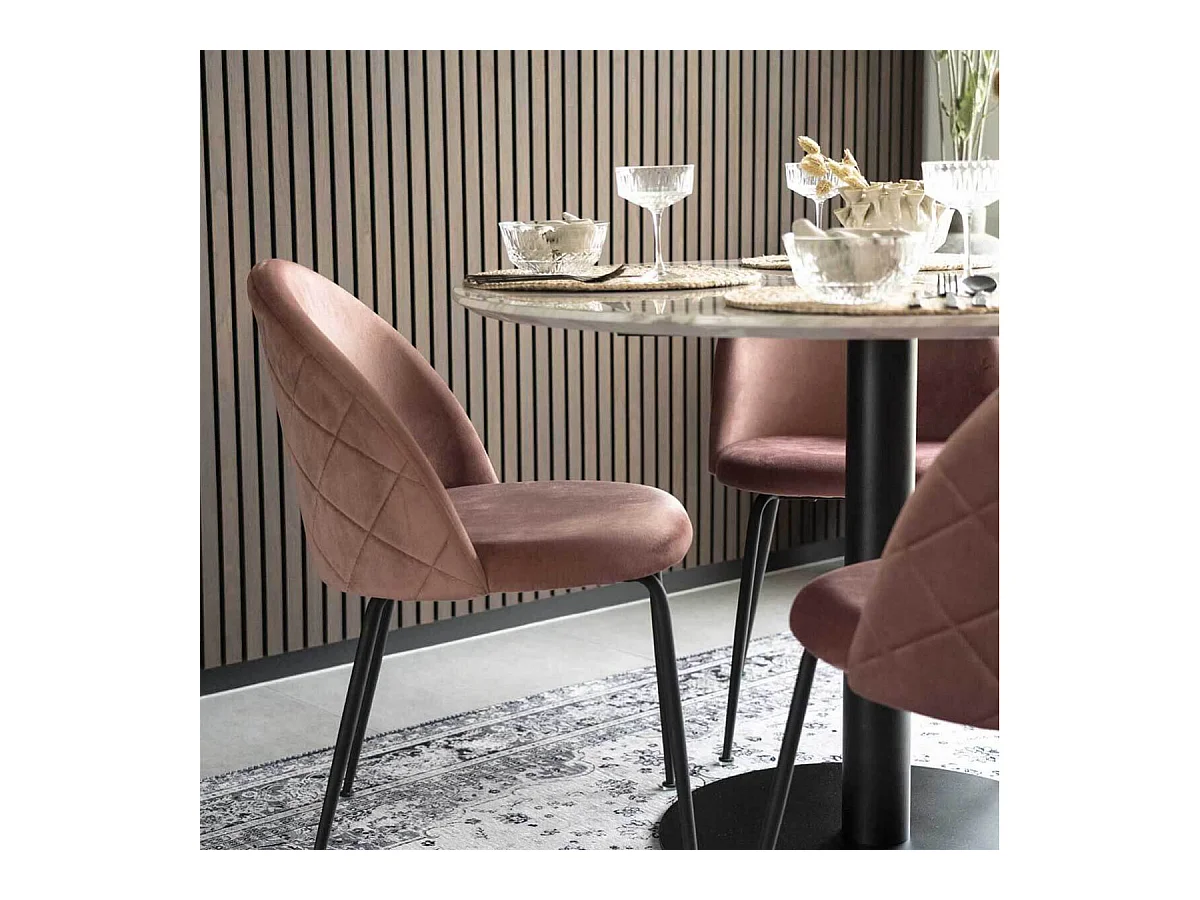 TYROL - Table Repas Ø110cm Plateau MDF Aspect Marbré et Pied Métal Noir