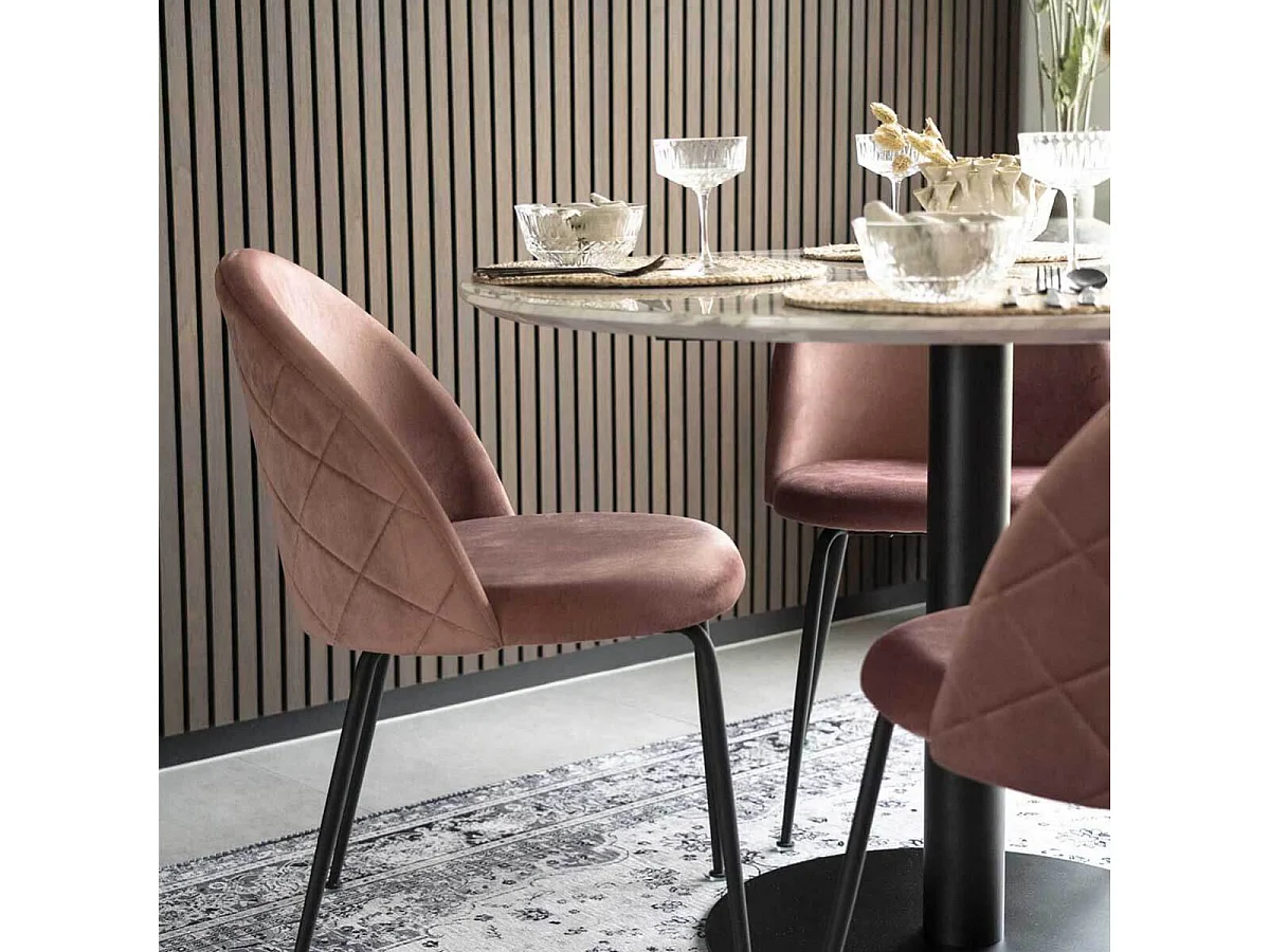 TYROL - Table Repas Ø110cm Plateau MDF Aspect Marbré et Pied Métal Noir