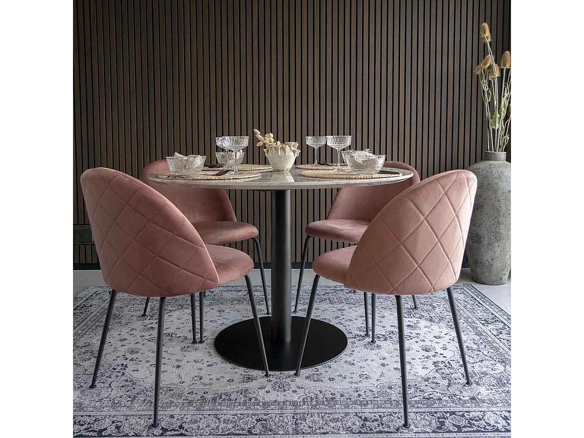 TYROL - Table Repas Ø110cm Plateau MDF Aspect Marbré et Pied Métal Noir