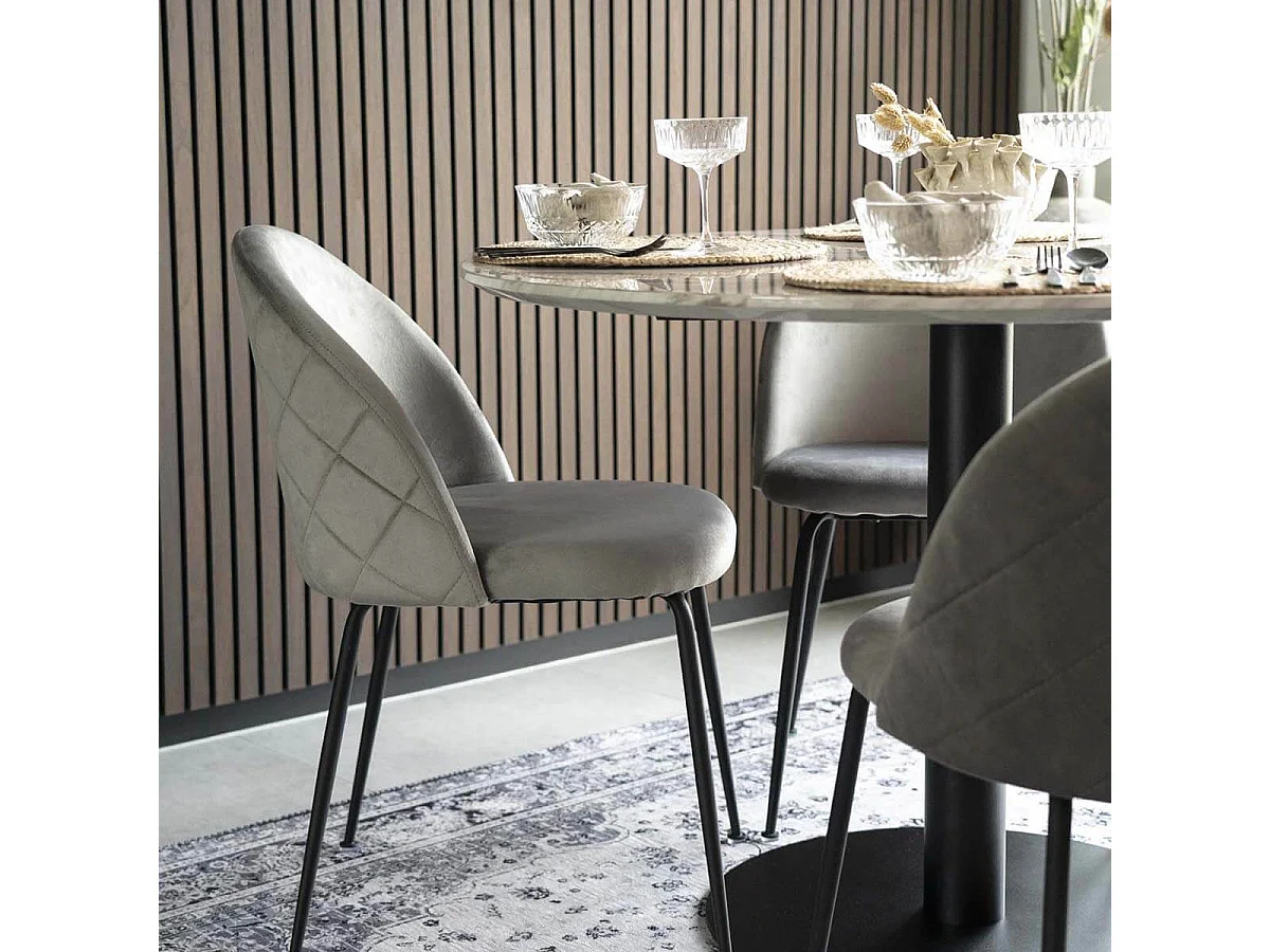 TYROL - Table Repas Ø110cm Plateau MDF Aspect Marbré et Pied Métal Noir