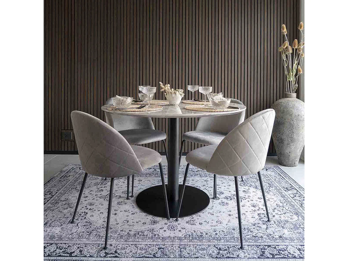 TYROL - Table Repas Ø110cm Plateau MDF Aspect Marbré et Pied Métal Noir