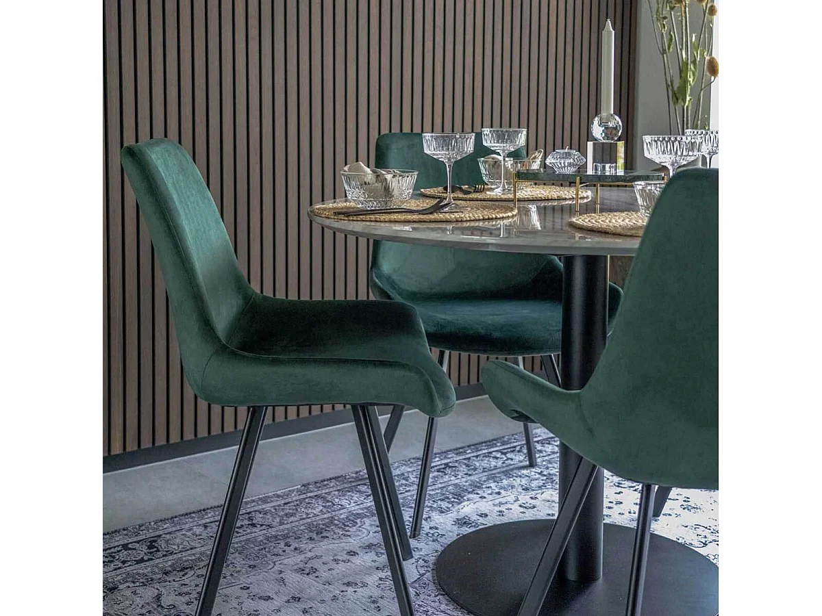 TYROL - Table Repas Ø110cm Plateau MDF Aspect Marbré et Pied Métal Noir