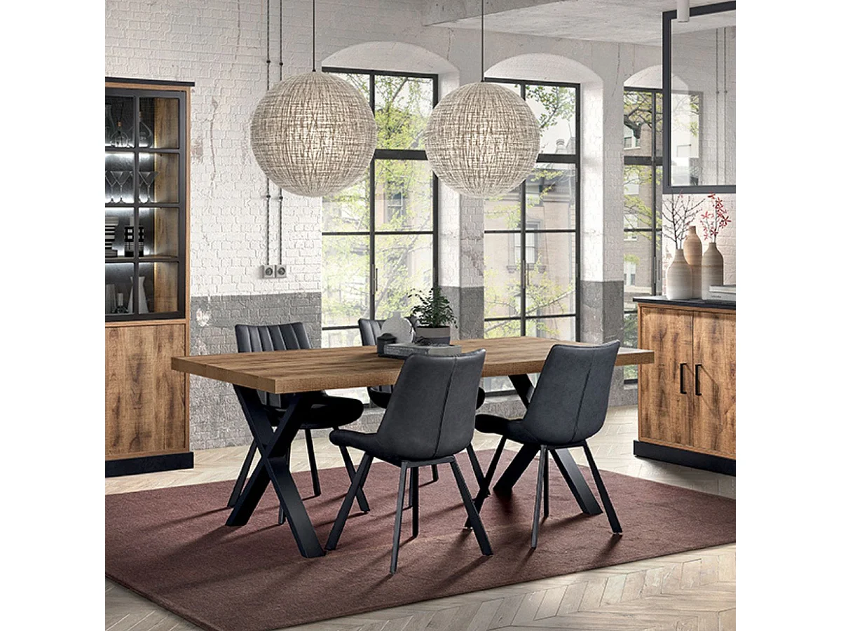 JENNA - Table 200cm Aspect Bois Piètement X Métal Poudré Noir