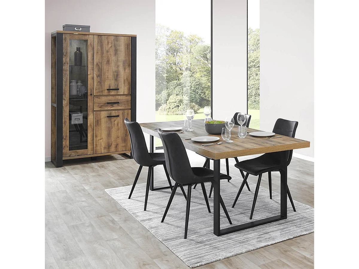 KORA - Table 230cm Aspect Bois Piètement U Métal Poudré Noir