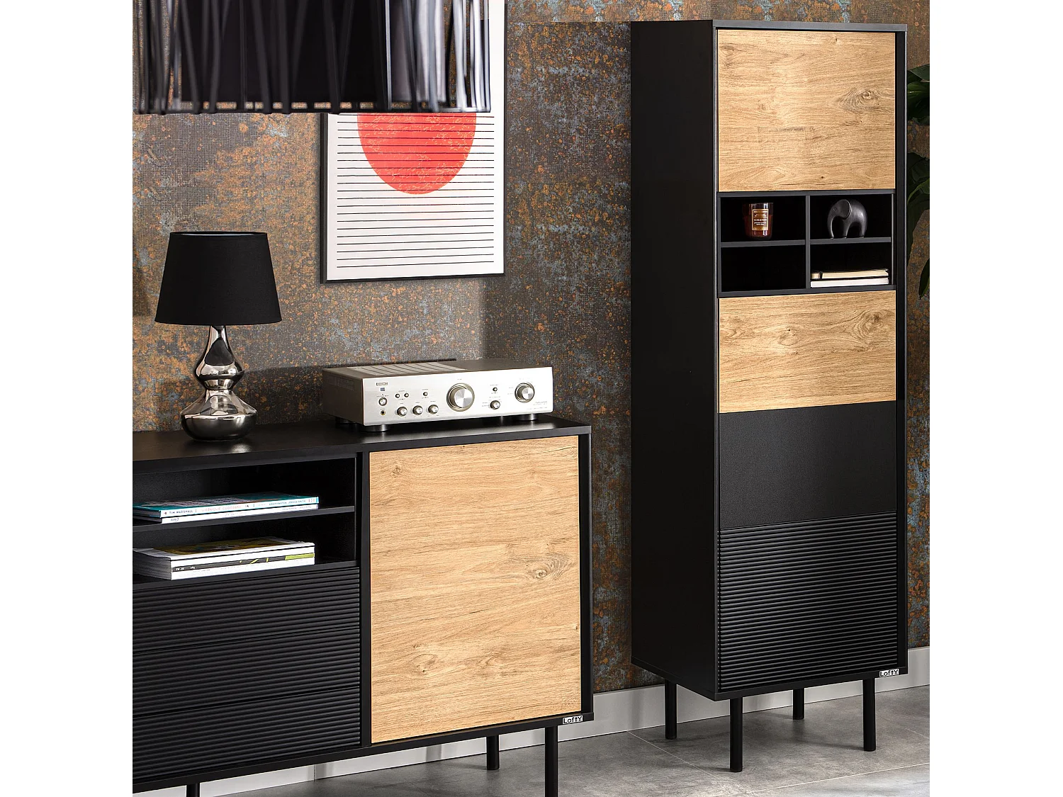 Regal Kreuzeinlage - schwarz - Eiche natur - LOFTY