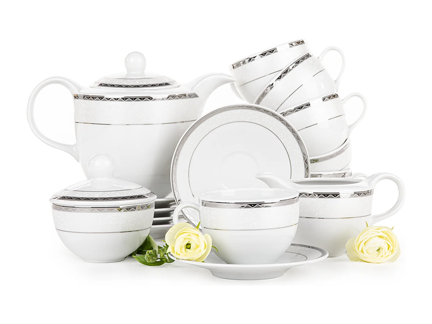 Kaffeeset für 6 Personen (9 Artikel) - Porzellan - Platin - AMELIA