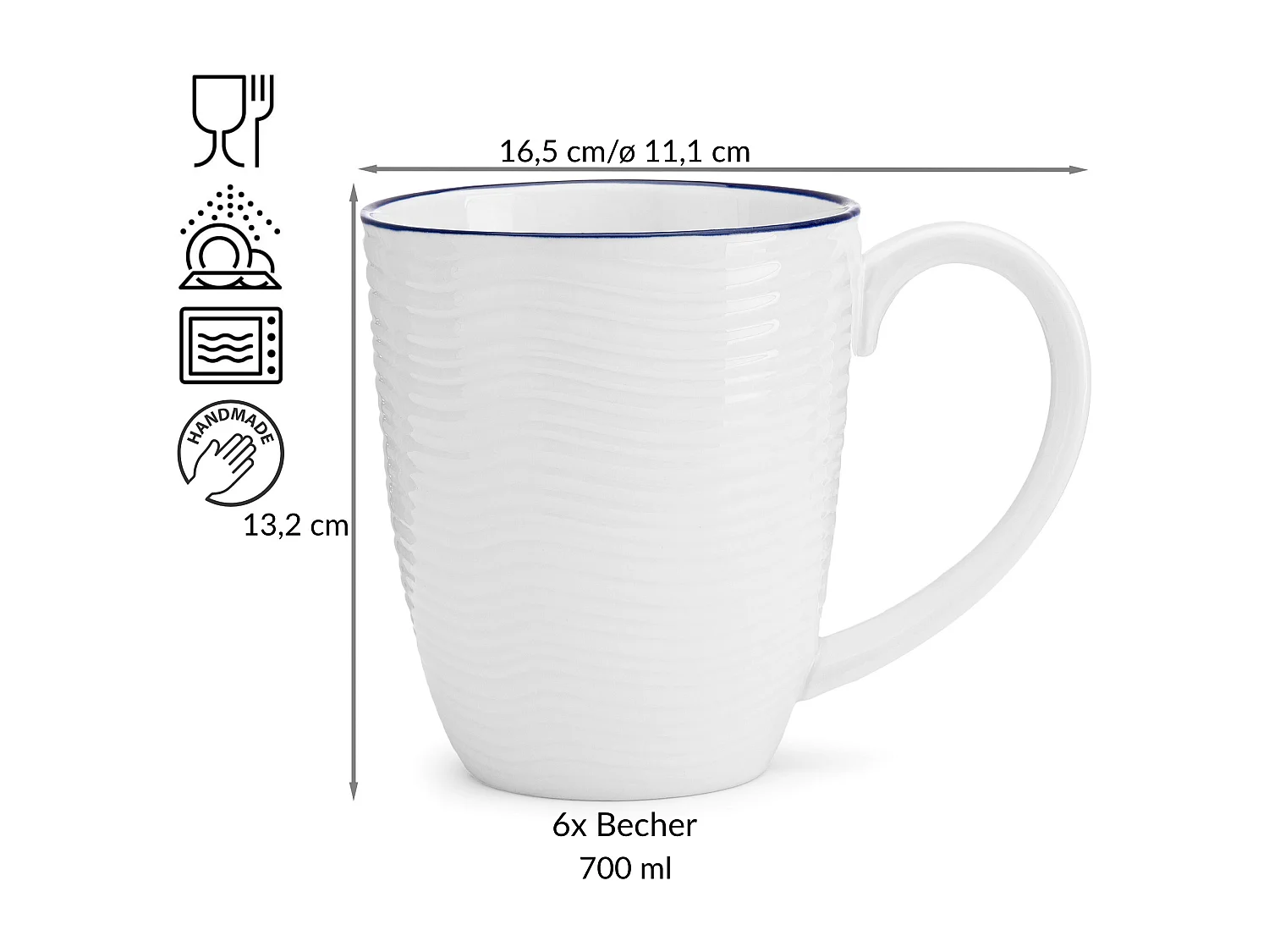 Becher 6tlg. handgefertigt maritimer Stil - Porzellan - weiß - KROG