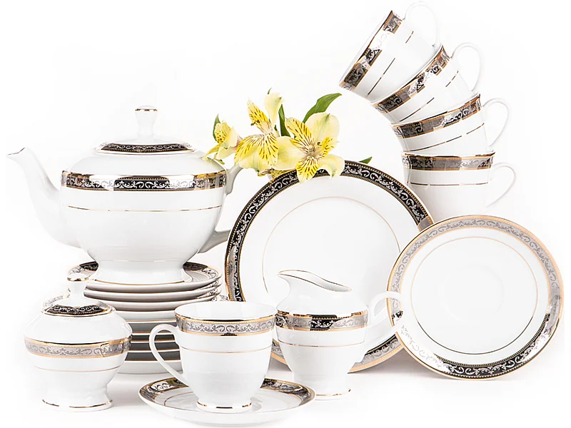 Teeservice für 6 Personen (15tlg.) - Porzellan - Weiß - Silber - Gold - CONTE