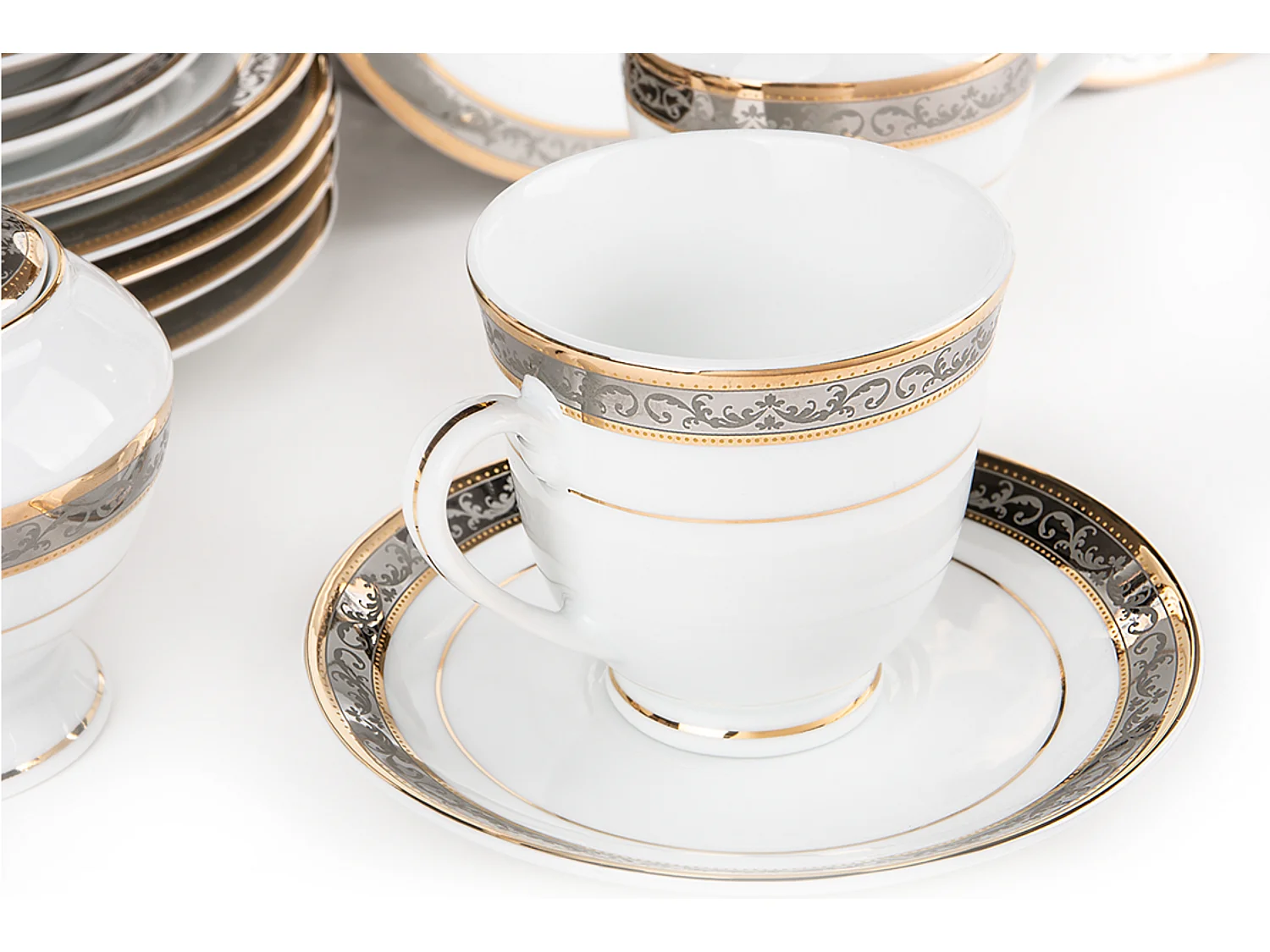 Teeservice für 6 Personen (15tlg.) - Porzellan - Weiß - Silber - Gold - CONTE