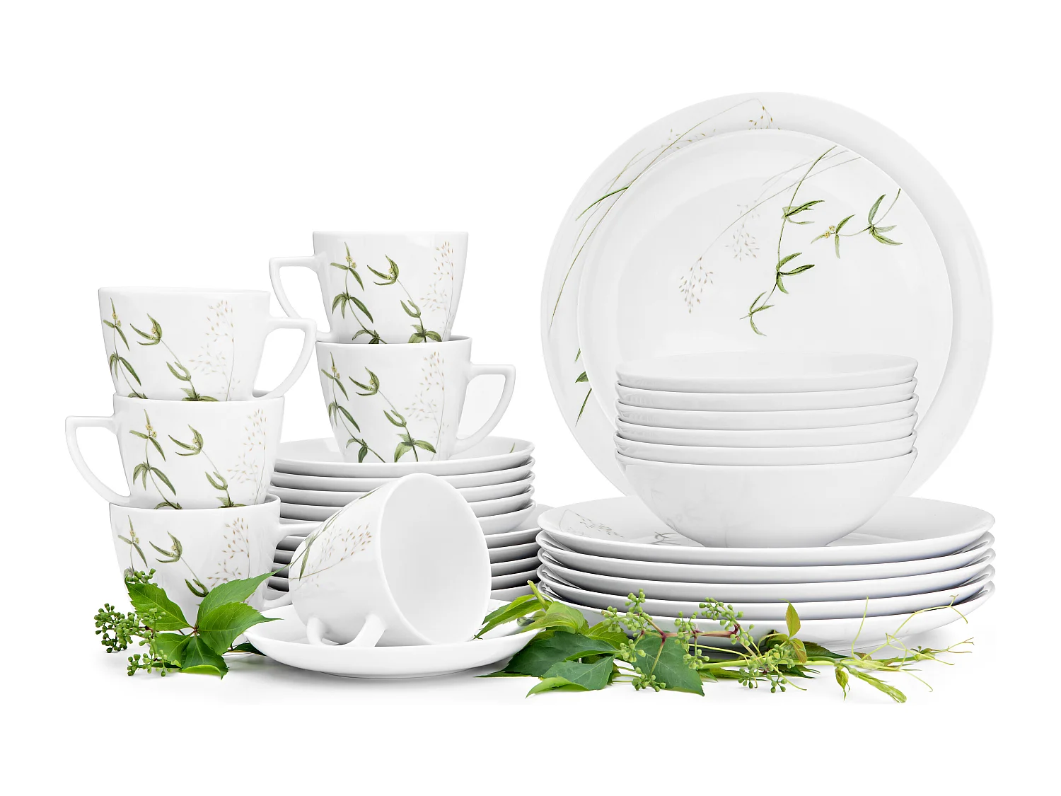 Mittags- und Kaffeeset für 6 Personen 30-tlg. - Porzellan - weiß/grün - BOSS