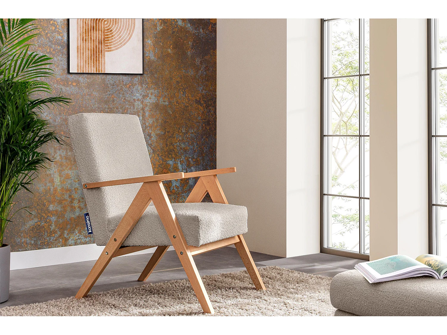 Vintage Sessel gepolstert Echt-Holz-Rahmen - Beige - NASET