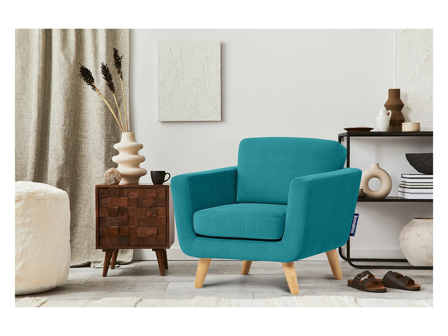 Skandinavischer Sessel - Massivholz-Beine - blau - TAGIO