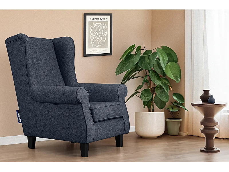 Ohrensessel Massivholzbeine schwarz - dunkelblau - MILES