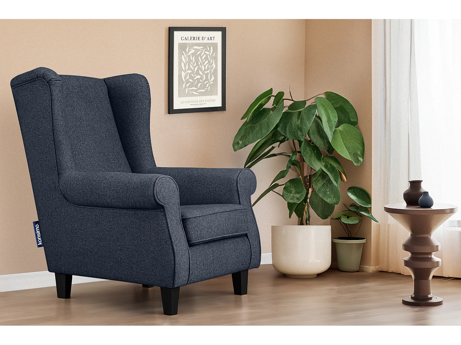 Ohrensessel Massivholzbeine schwarz - dunkelblau - MILES