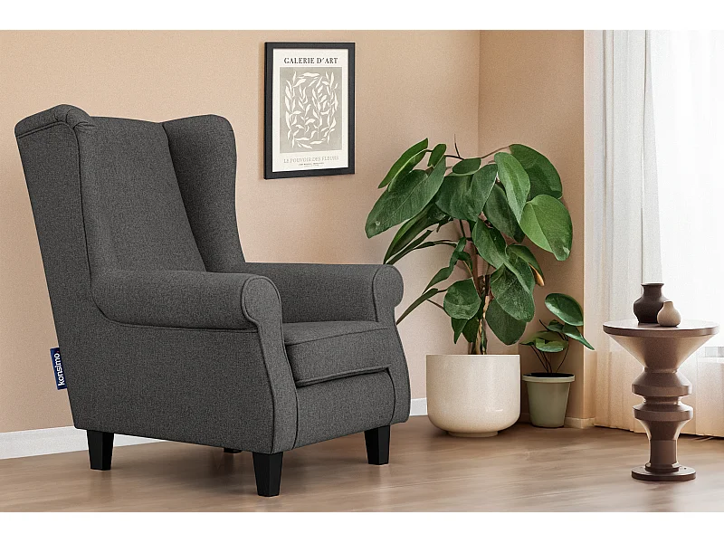 Ohrensessel Massivholzbeine schwarz - grau - MILES