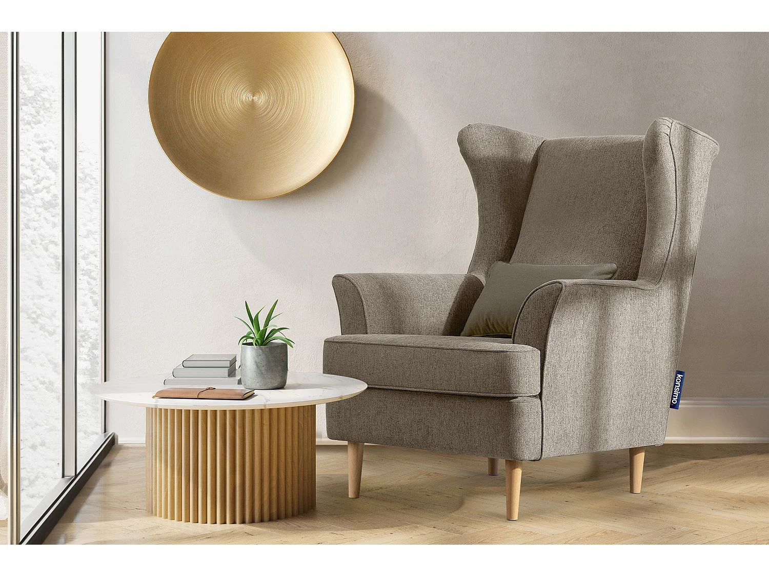 Klassischer Ohrensessel - Velours-Bezug hellbraun - STRALIS