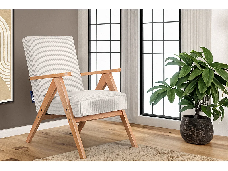 Vintage Sessel gepolstert Echt-Holz-Rahmen - Creme - NASET