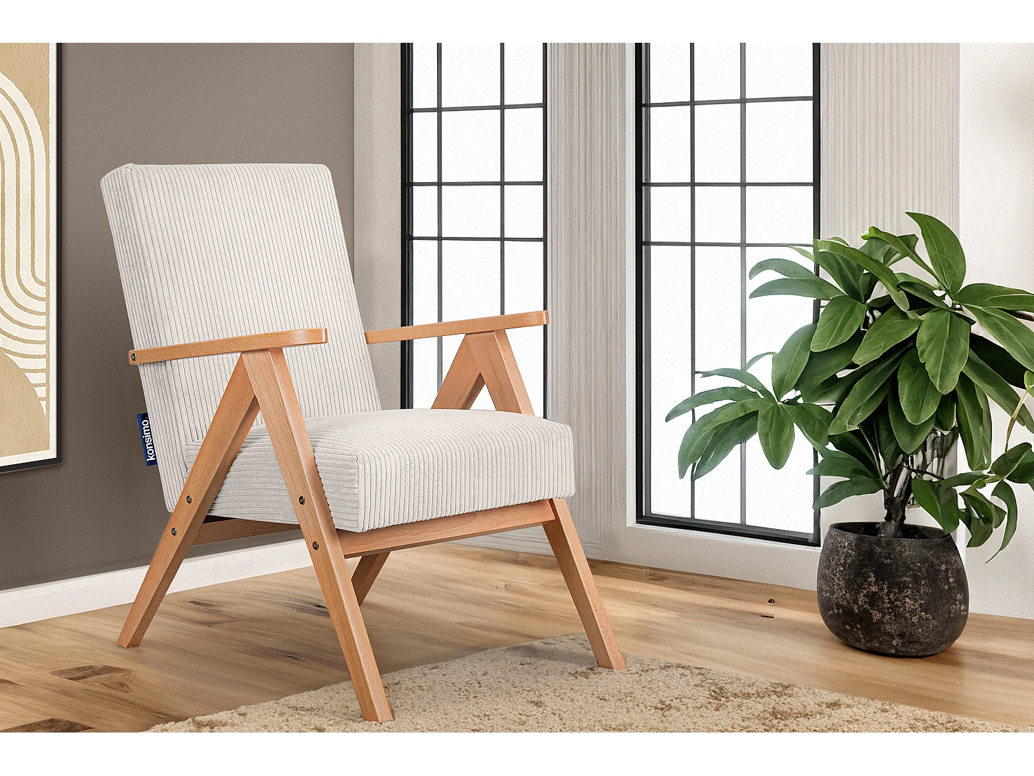 Vintage Sessel gepolstert Echt-Holz-Rahmen - Creme - NASET