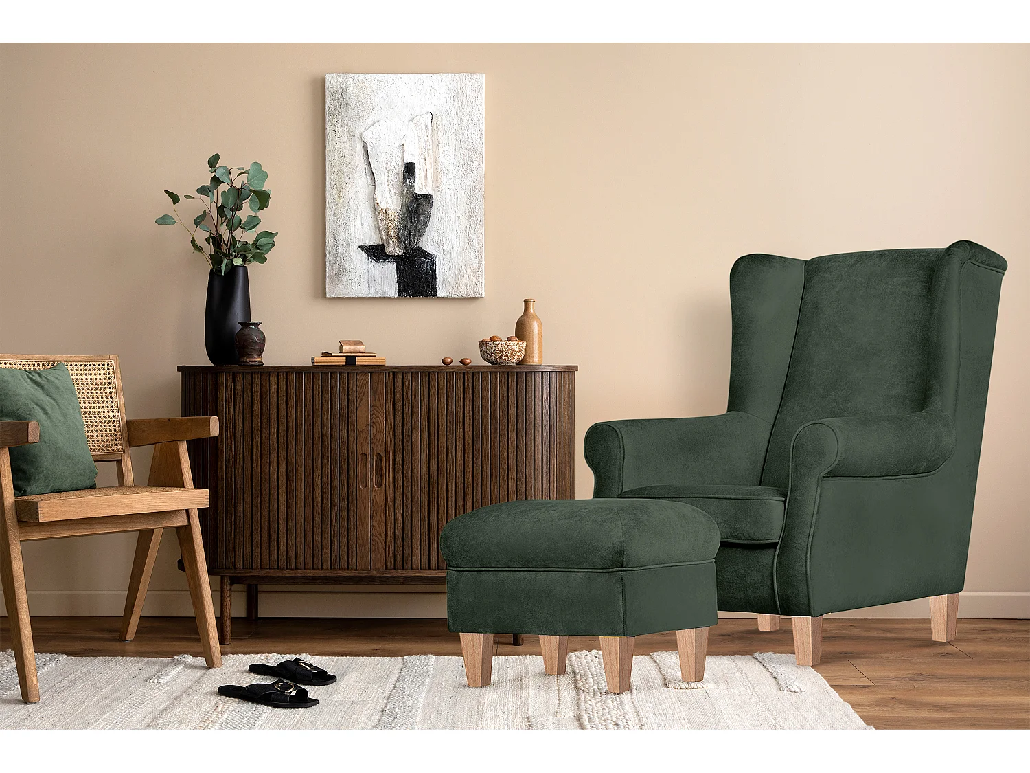 Ohrensessel Set inkl. Sitzhocker -  grün - MILES