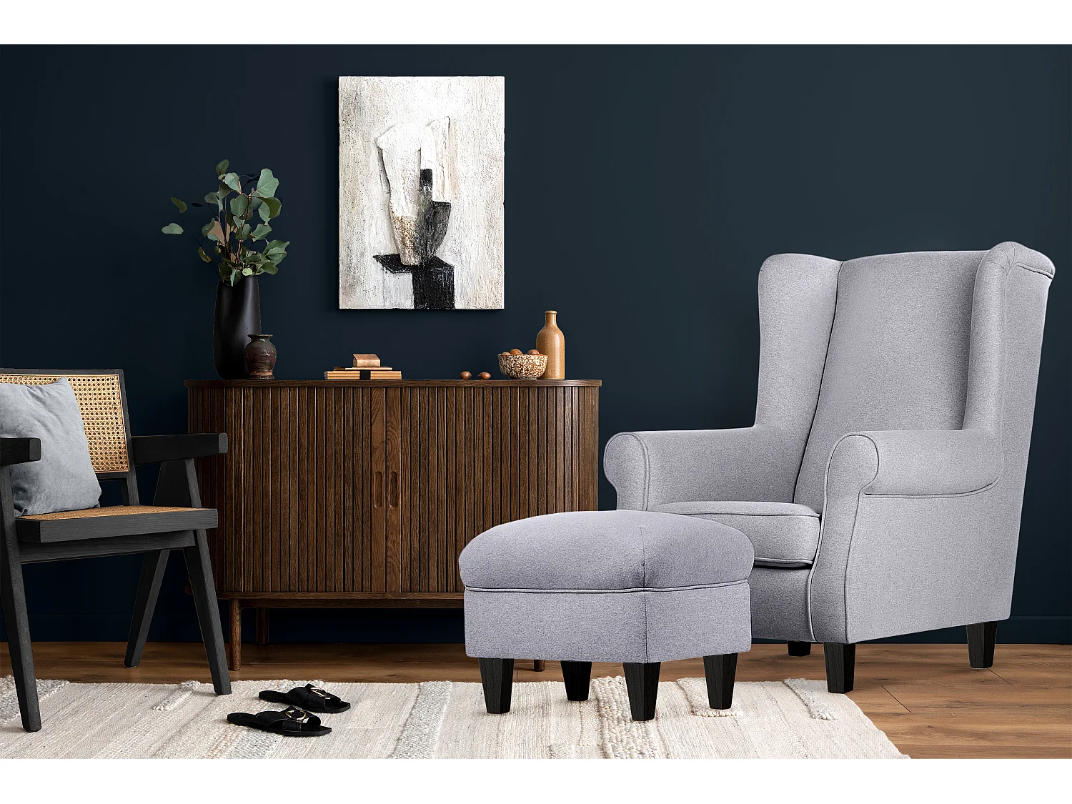 Klassischer Sessel mit Sitzhocker - hellgrau - STRALIS