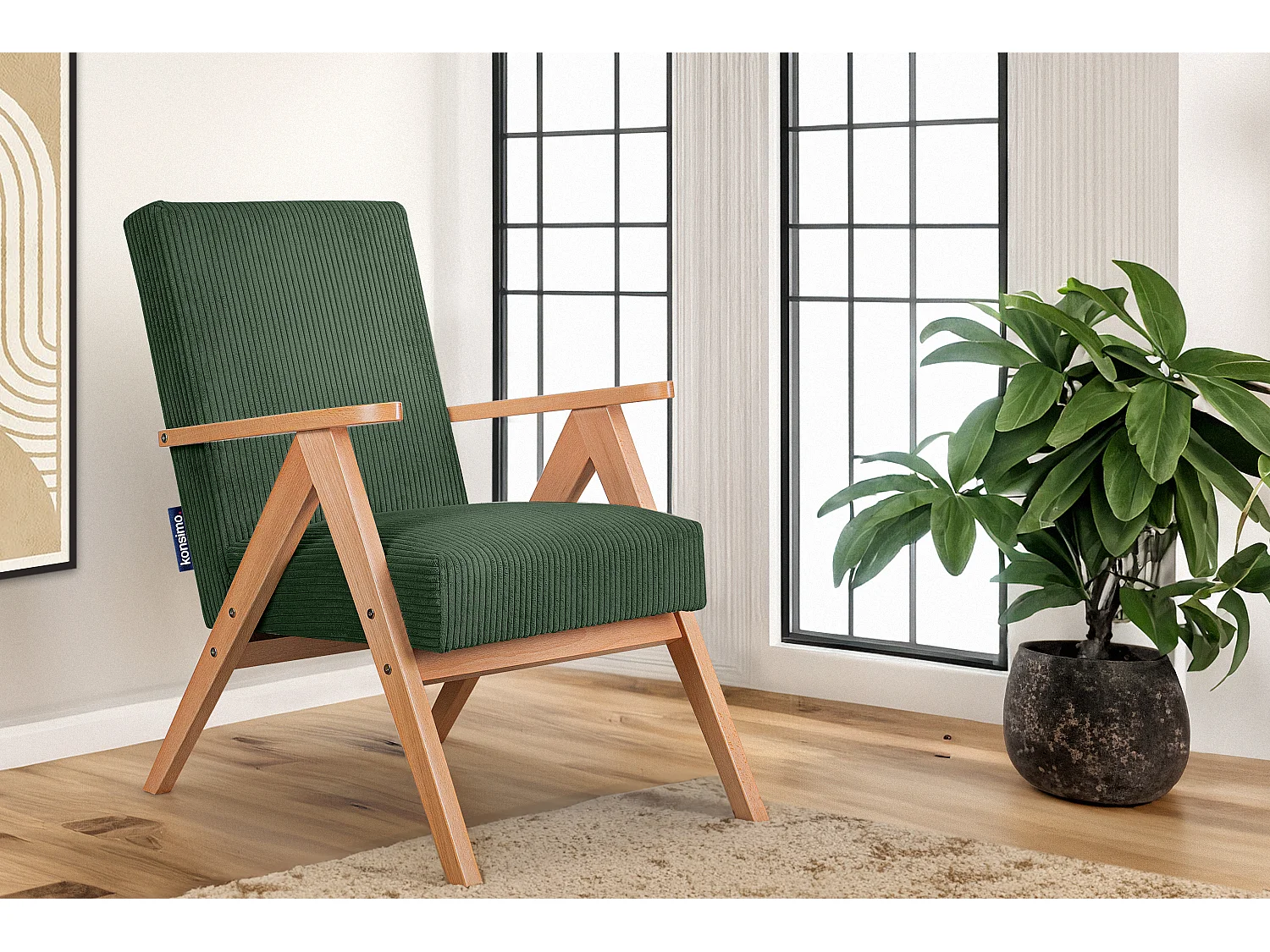 Vintage Sessel gepolstert Echt-Holz-Rahmen - dunkelgrün - NASET