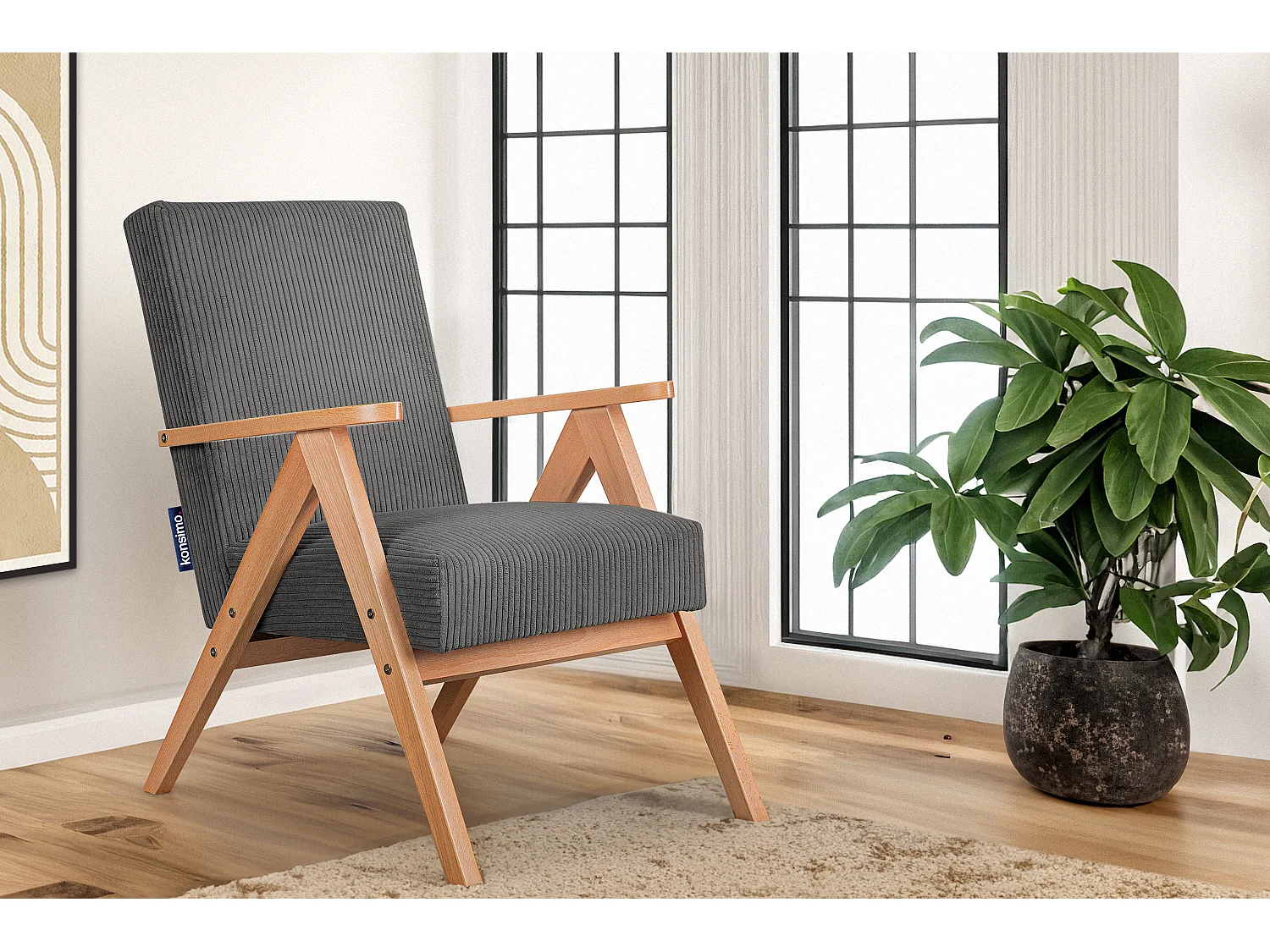 Vintage Sessel gepolstert Echt-Holz-Rahmen - Dunkelgrau - NASET