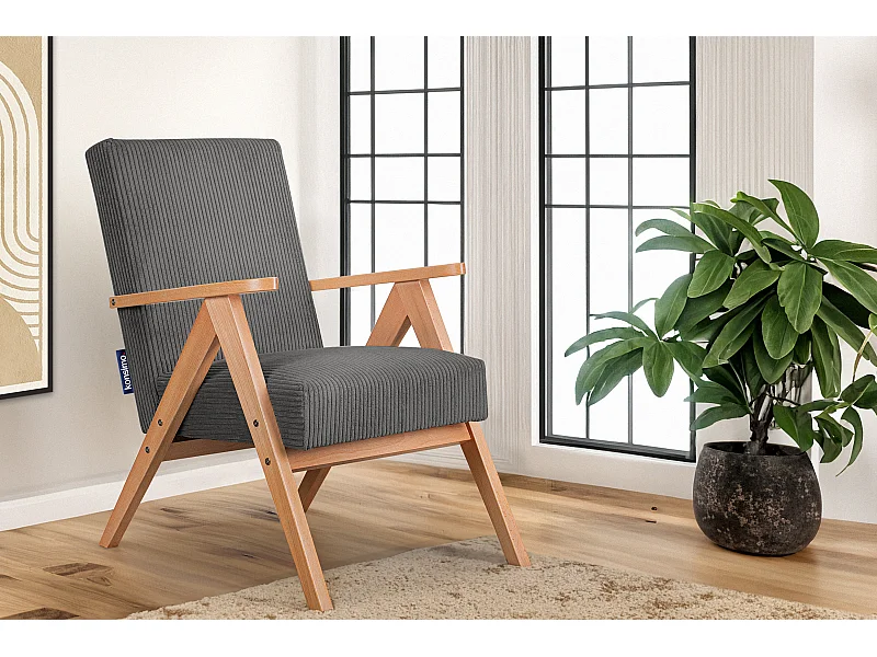 Vintage Sessel gepolstert Echt-Holz-Rahmen - Dunkelgrau - NASET